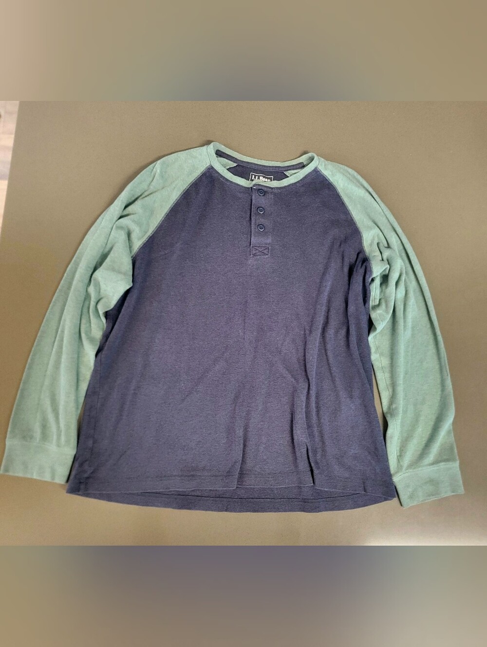 L.L. Bean Men's Navy Body with Sage Raglan Long Sleeve Henley